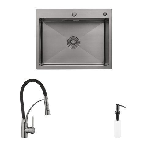 Комплект кухонна мийка Kroner Schwarze-6350HM PVD + змішувач Ersel-GRP03393BLK + дозатор Spender-SCH049 (CVS30076) CVS30076 фото