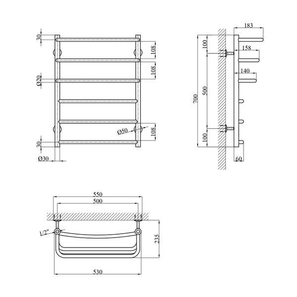 Сушарка для рушників водяна Kroner KRP Prima WT700x500-6 CV036310 фото