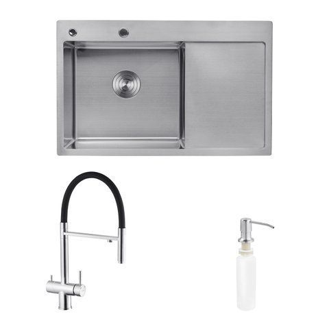 Комплект кухонна мийка Kroner Geb&uuml;rstet-7849LHM + змішувач Edelstahl Klassisch-ESG03815BLK + дозатор Spender-016 (CVS30107) CVS30107 фото