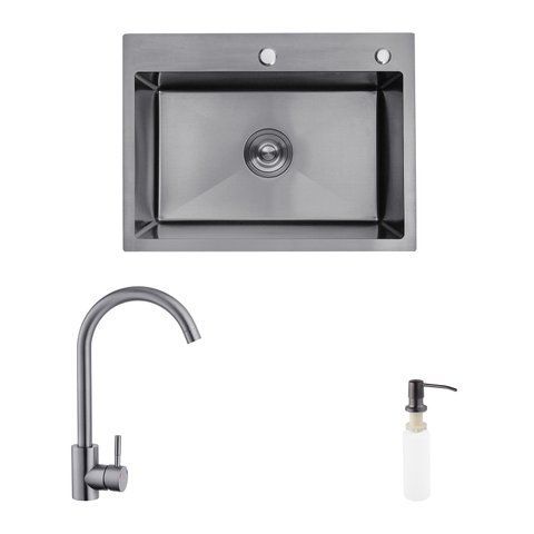 Комплект кухонна мийка Kroner Schwarze-5843HM PVD + змішувач Edelstahl Klassisch-SCH035PVD + дозатор Spender-026 (CVS30113) CVS30113 фото