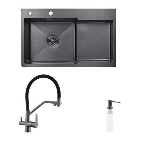 Комплект кухонна мийка Kroner Schwarze-7848LHM PVD + змішувач Edelstahl Klassisch-PVD03817BLK + дозатор Spender-026 (CVS30116) CVS30116 фото
