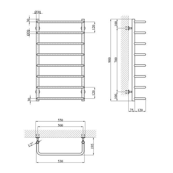 Сушарка для рушників водяна Kroner KRP Stil WT900x500-8 CV036316 фото
