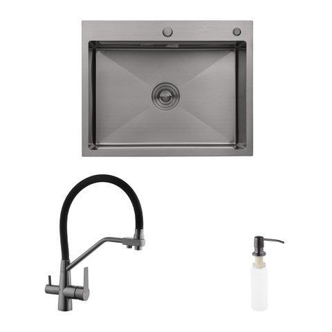 Комплект кухонна мийка Kroner Schwarze-6350HM PVD + змішувач Edelstahl Klassisch-PVD03817BLK + дозатор Spender-026 (CVS30117) CVS30117 фото