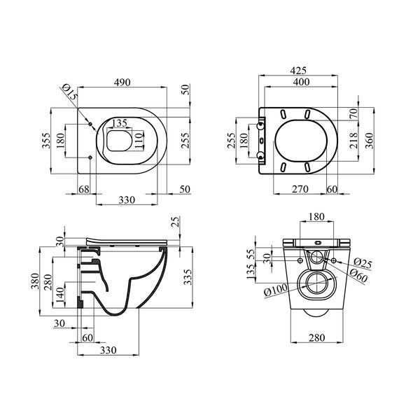 Набір 2 в 1 Kroner Harz WHI493736 RIMLESS Slim Duroplast / Soft-close / Quick relase (CV029609) + Kroner KRP Edelstahl Kubus - ESG052 (CV031897) SET-2501-4 фото