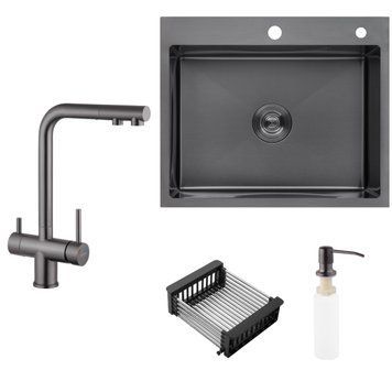 Набір 4 в 1 мийка для кухні Kroner KRP Schwarze - 6050HM PVD (CV025260) + Kroner KRP Edelstahl Klassisch - PVD03811 + дозатор + кошик SET-2246-8 фото