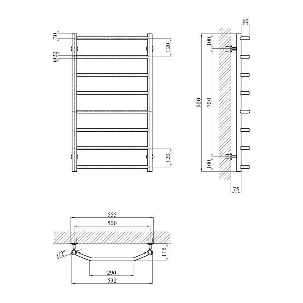 Сушарка для рушників водяна Kroner KRP Diva WT900x500-8 CV036306 фото