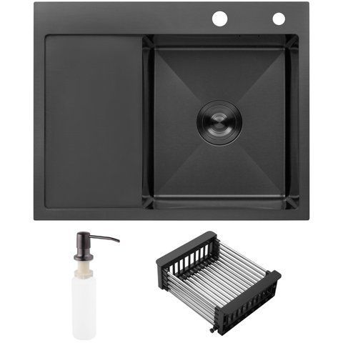 Набір 3 в 1 мийка для кухні Kroner KRP Schwarze - 6350RHM PVD (CV031323) + дозатор SET-2231-33 фото